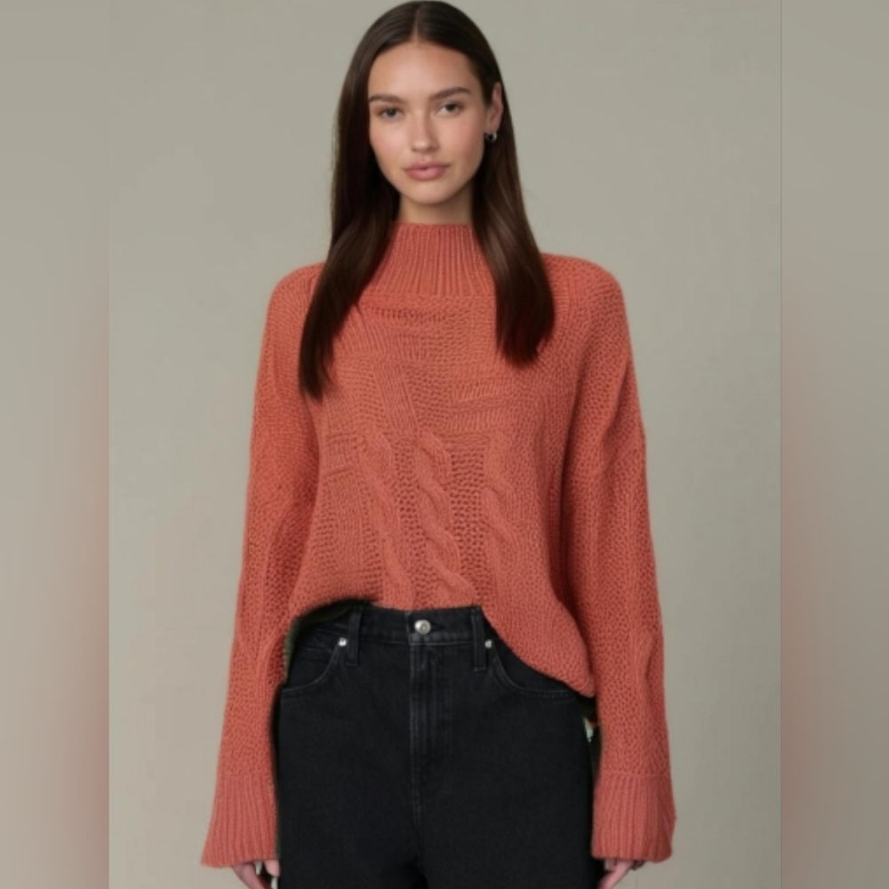 CCK Style Peachy Orange Chunky Cable Knit Turtleneck Sweater